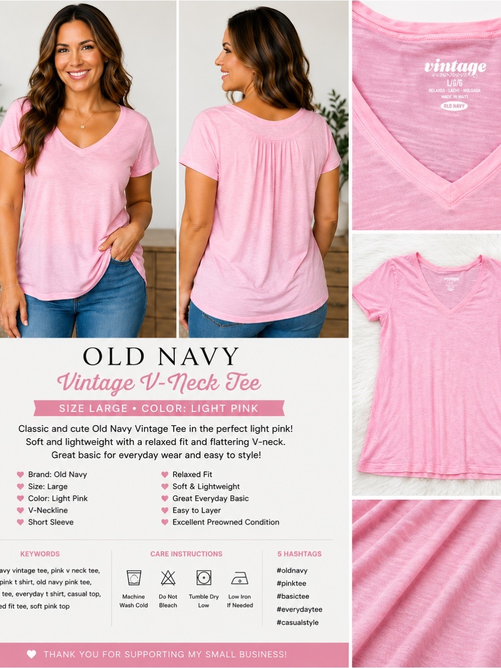 Old Navy Vintage Pink V-Neck Tee Relaxed Fit Short Sleeve Top Large